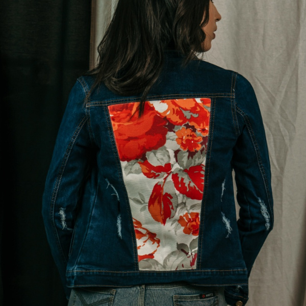Gray and Red Flowers Demin Jacket