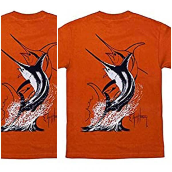 Camiseta Guy Harvey Swordfish Strike con estampado de pez espada sin bolsillo, color naraja quemada talla M