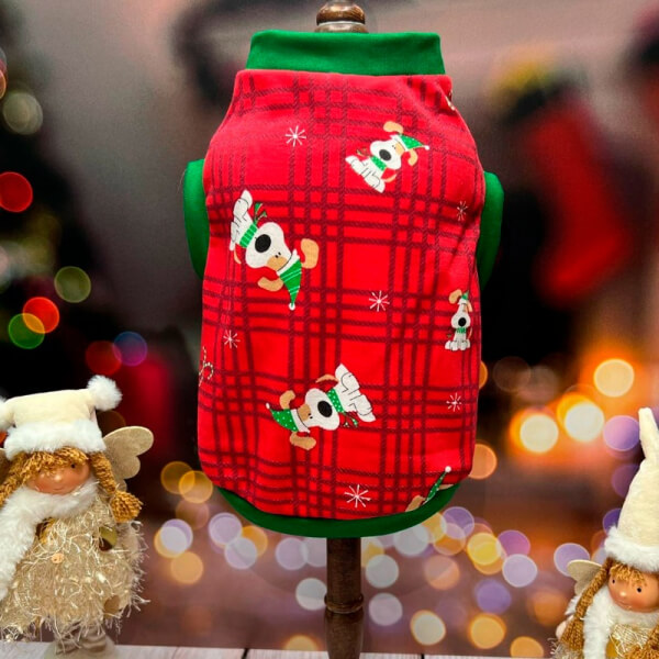 CAMISETA ROJA FILOS VERDES PERRITOS NAVIDEÑOS XXXS - XXS