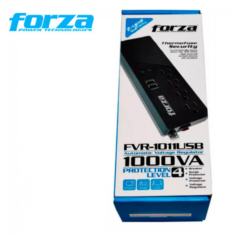 FORZA FVR SERIES FVR-1011USB - REGULADOR AUTOMÁTICO DE VOLTAJE - CA 115 V - 500 VATIOS - 1000 VA - CONECTORES DE SALIDA: 4 - NEGRO