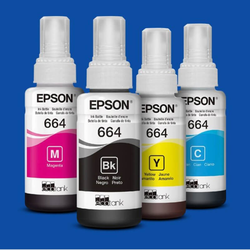 BOTELLA EPSON T664 AMARILLO , NEGRO , AZUL , ROJO EPSON L380, L386, L395, L495; ECOTANK ET-2600, 2650, L1455, L396, L606, L656