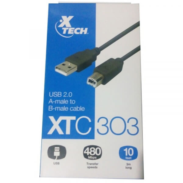 CABLE XTC 303 3METROS USB 2.0 A TO B MALE XTECH