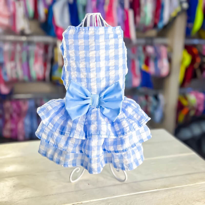 Vestido a cuadros celeste con blanco para perritas, gatitas y conejitas Tallas M y L