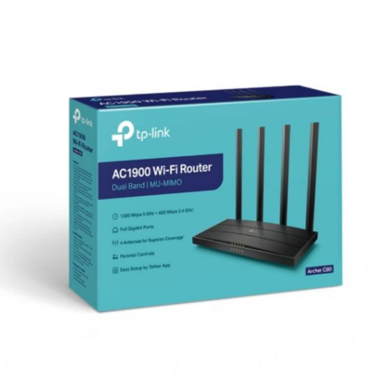 ROUTER TP-LINK ARCHER C80 AC1900, 4 ANT., 4 PTOS. GE, WI-FI 802.11AC WAVE2: 1300/600 MBPS, MU-MIMO, TPLINK