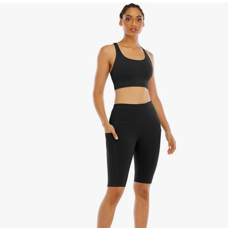pantalon corto de yoga con bolsillos para mujer, pantalones cortos de entrenamiento de cintura alta con control de abdomen, NEGRO.