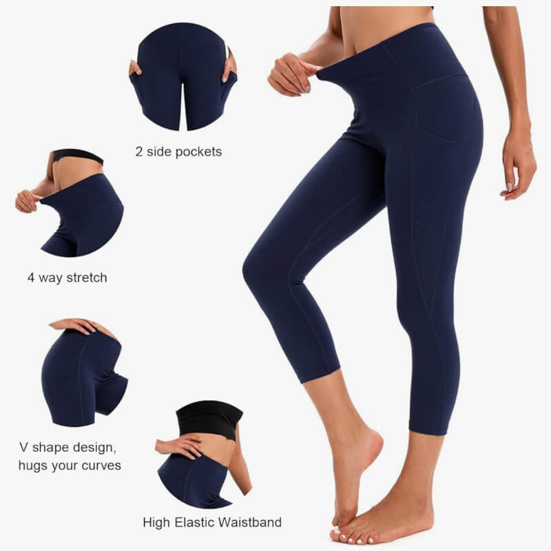 Leggings capri mejorados con bolsillos de cintura alta para mujer, leggings de entrenamiento de yoga, pantalones capri, Azul marino