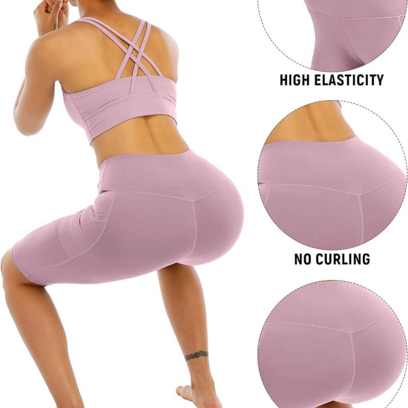 pantalon corto de yoga con bolsillos para mujer, pantalones cortos de entrenamiento de cintura alta con control de abdomen, ROSA VIEJA,