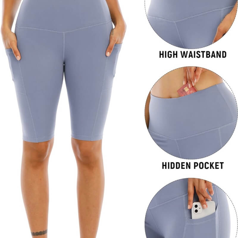 pantalon corto de yoga con bolsillos para mujer, pantalones cortos de entrenamiento de cintura alta con control de abdomen, CELESTE