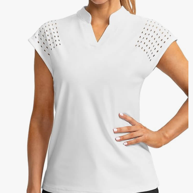 camisa de golf para mujer, manga casquillo, cuello en V, camisas polo ligeras de secado rápido, camisetas de tenis para mujer, A- blanco, L
