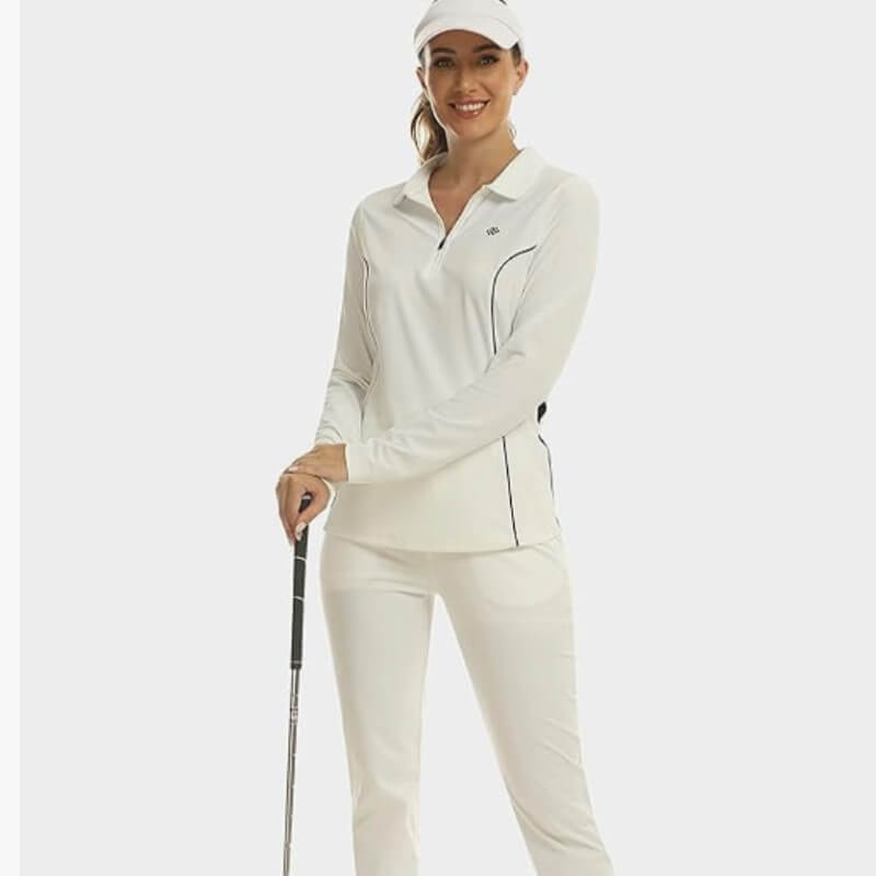 Camisas de golf con cremallera para mujer, de manga larga, de secado rápido, UPF50+, camiseta de tenis atlético con agujeros para el pulgar. Color Bla