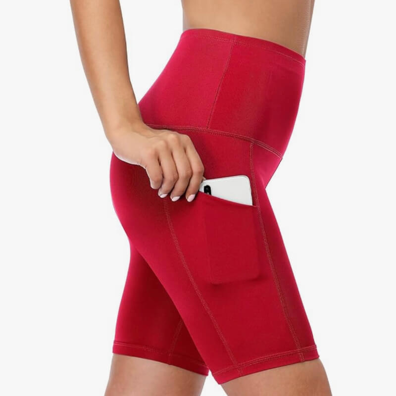Pantalones cortos de yoga para mujer, de cintura alta, con dos bolsillos laterales, hechos de elastano; para correr, practicar ciclismo, Color rojo