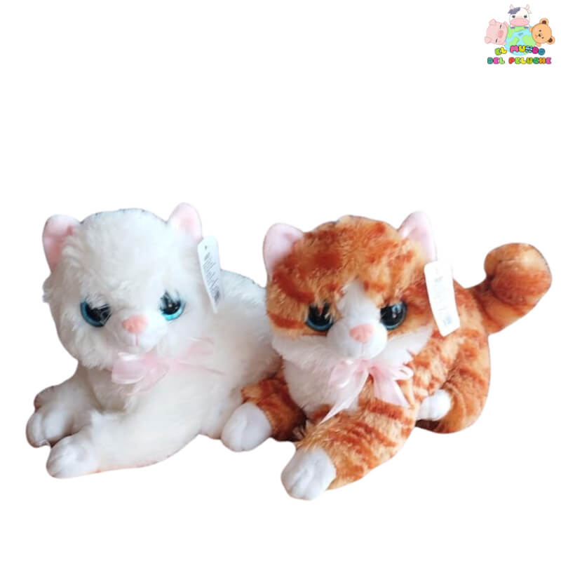 Gato con Sonido #1 – Peluche Felino en Colores Blanco y Atigrado con Efectos de Sonido, 18cm – El Mundo del Peluche