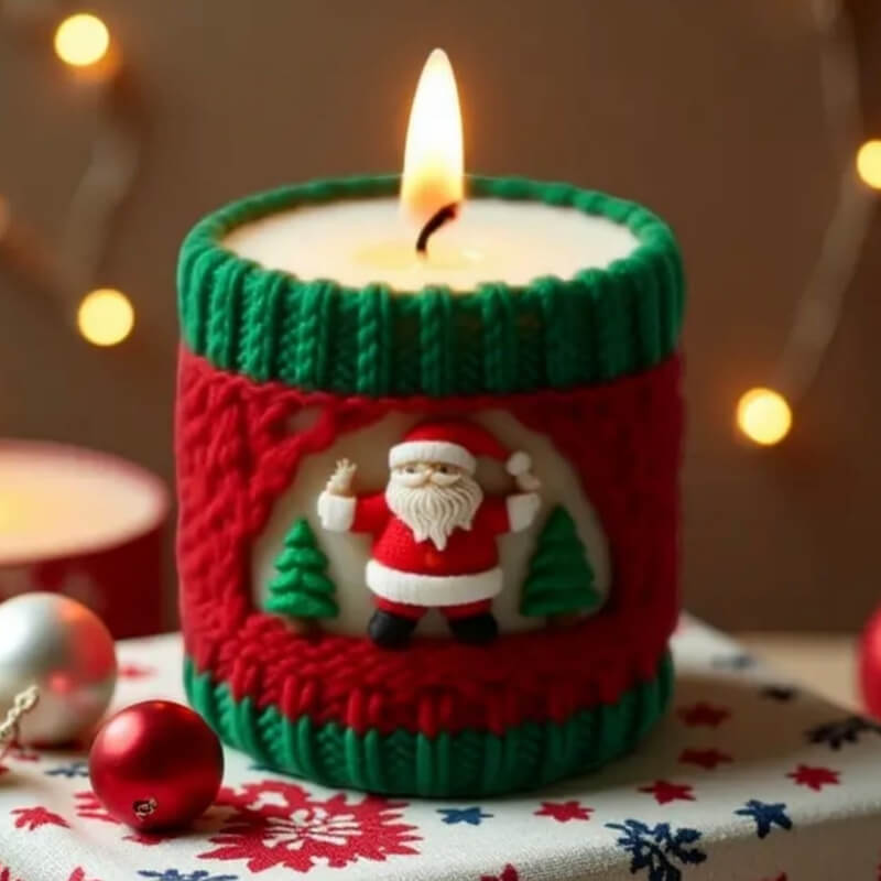 Molde elaborado en silicona de diseño de cilindro tejido de papa Noel para uso en Velas