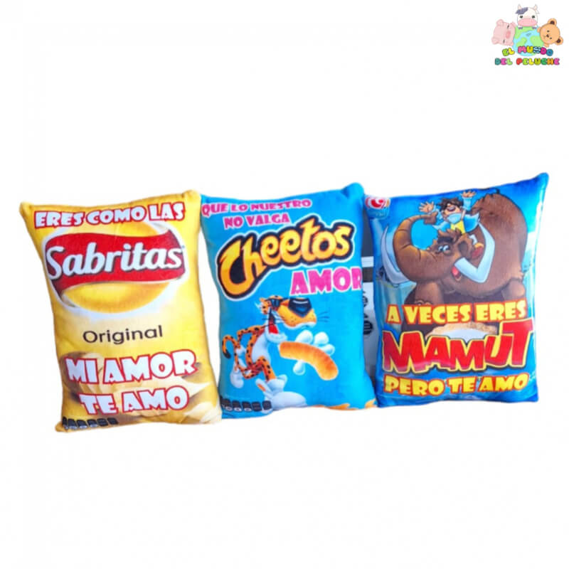 Cojín con Frases y Estampados Divertidos – Sabritas, Mamut, Doritos y Crujitos (29 cm) | El Mundo del Peluche