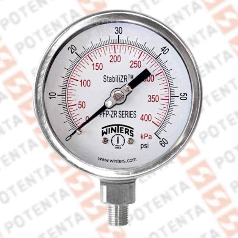 Manómetro Dial 2.5plg, Conexión a proceso 1/4npt inferior, Rango 0…60Psi/Bar, Exactitud ±1.5%, partes int y ext de 316ss, Winters - Serie PFP