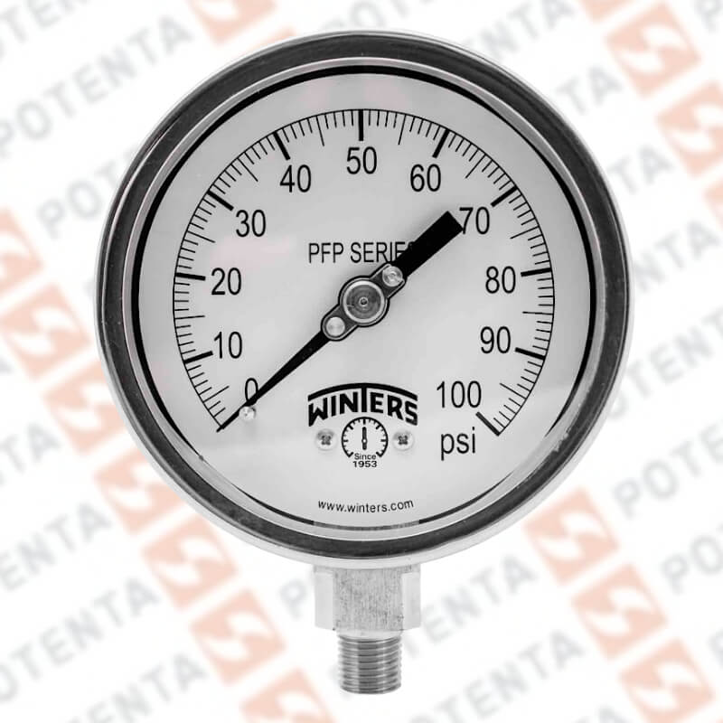 Manómetro Dial 2.5plg, Conexión a proceso 1/4npt inferior, Rango 0…100Psi/Bar, Exactitud ±1.5%, partes internas y externas de 316ss, Winters - Serie