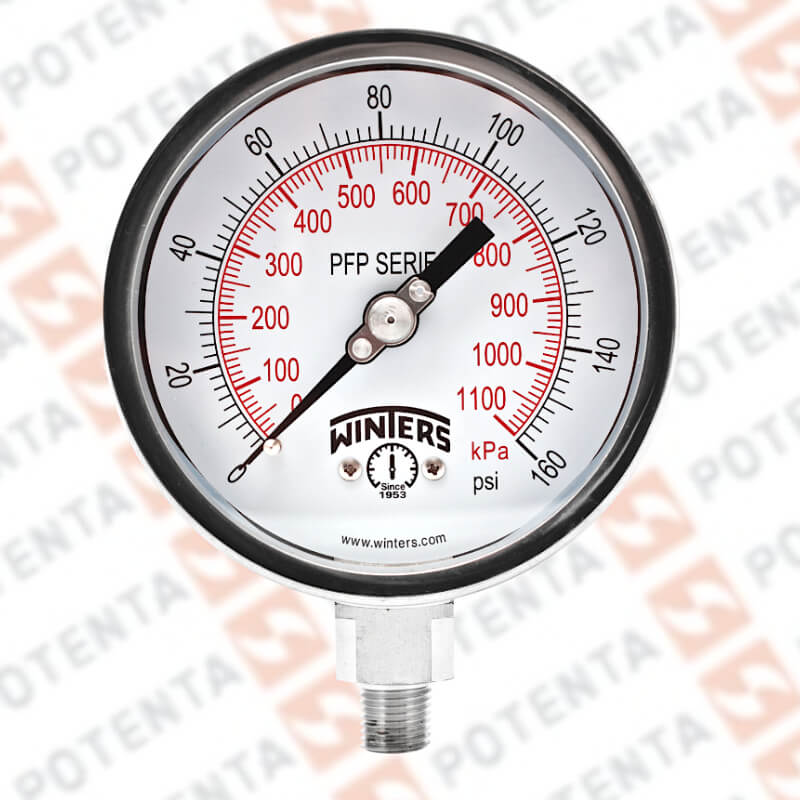 Manómetro Dial 2.5plg, Conexión a proceso 1/4npt inf, Rango 0…160Psi/Bar, Exactitud ±1.5%, partes internas y externas de 316ss, Winters - Serie PFP