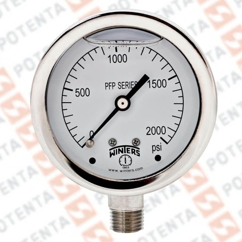 Manómetro Dial 2.5plg, Conexión a proceso 1/4npt inferior, Rango 0…200Psi/Bar, Exactitud ±1.5%, partes int y ext de 316ss, Winters - Serie PFP