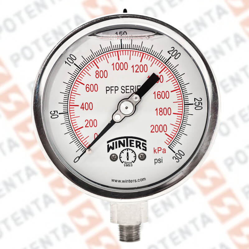 Manómetro Dial 2.5plg, Conexión a proceso 1/4npt inf, Rango 0…300Psi/Bar, Exactitud ±1.5%, partes internas y externas de 316ss, Winters - Serie PFP