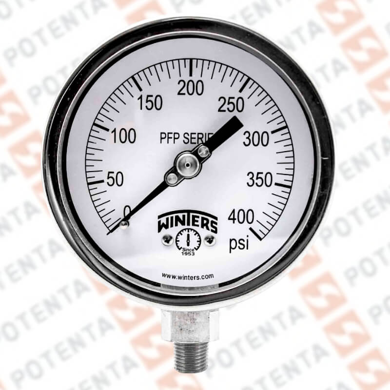 Manómetro Dial 2.5plg, Conexión a proceso 1/4npt inf, Rango 0…400Psi/Bar, Exactitud ±1.5%, partes internas y externas de 316ss, Winters - Serie PFP