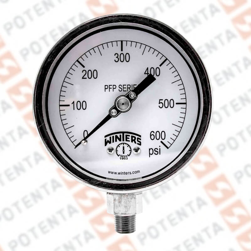 Manómetro Dial 2.5plg, Conexión a proceso 1/4npt inf, Rango 0…600Psi/Bar, Exactitud ±1.5%, partes internas y externas de 316ss, Winters - Serie PFP