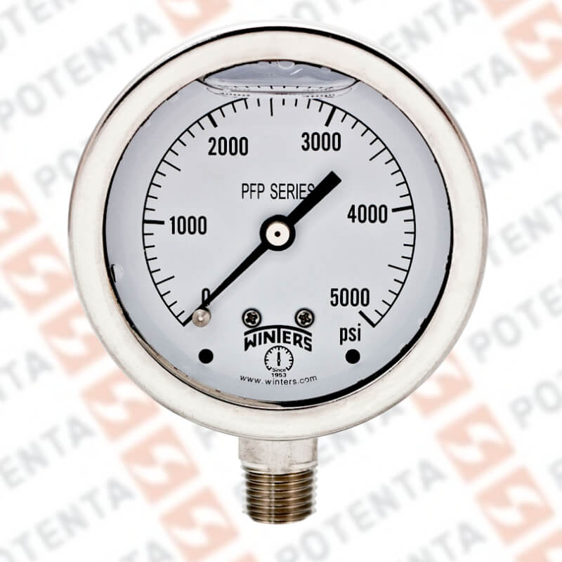 Manómetro Dial 2.5plg, Conexión a proceso 1/4npt inf, Rango 0…5000Psi/Bar, Exactitud ±1.5%, partes internas y externas de 316ss, Winters - Serie PFP