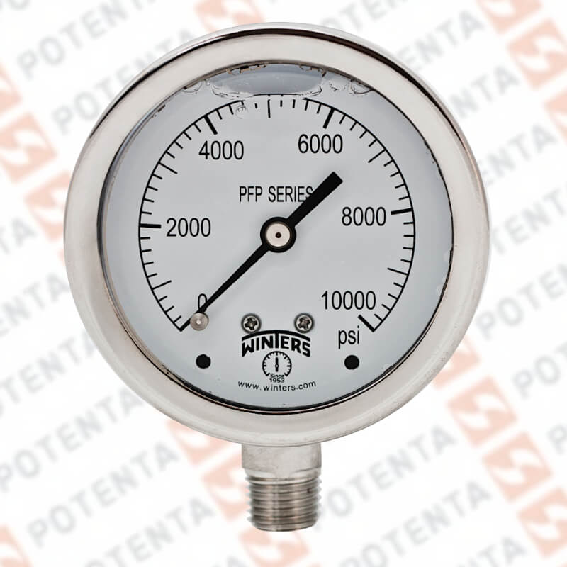 Manómetro Dial 2.5plg, Conexión a proceso 1/4npt inf, Rango 0…10000Psi/Bar, Exactitud ±1.5%, partes internas y externas de 316ss, Winters - Serie PFP