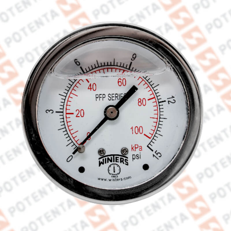 Manómetro Dial 2.5plg, Conexión a proceso 1/4npt post, Rango 0…15Psi/Bar, Exactitud ±1.5%, partes internas y externas de 316ss, Winters - Serie PFP