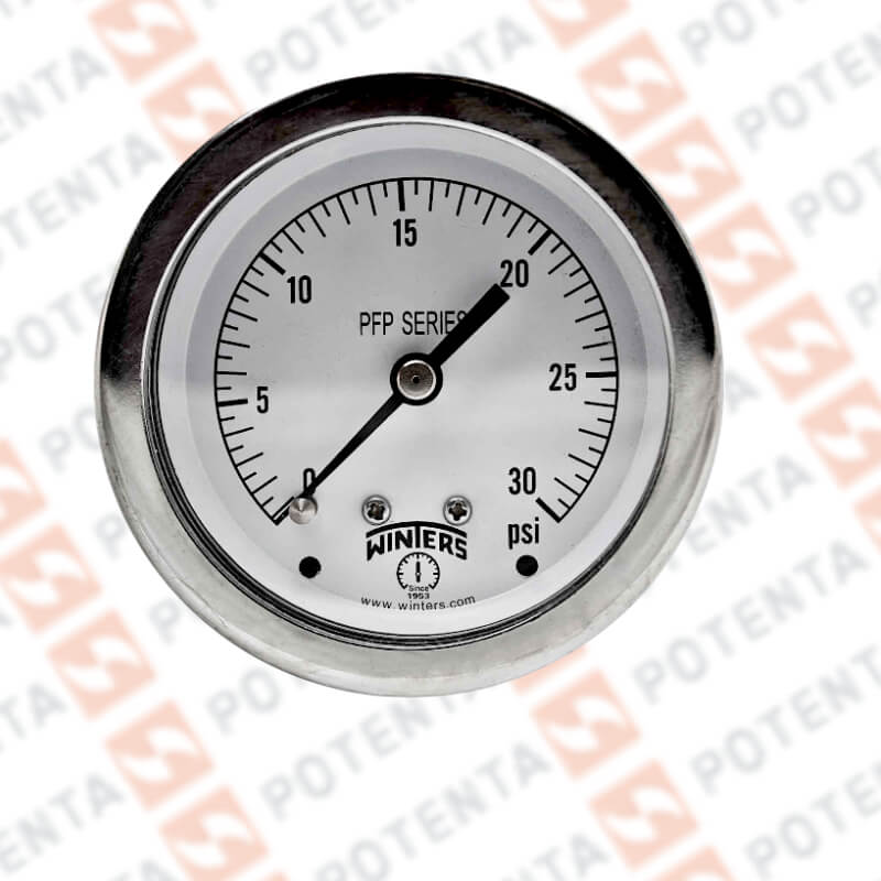 Manómetro Dial 2.5plg, Conexión a proceso 1/4npt post, Rango 0…30Psi/Bar, Exactitud ±1.5%, partes internas y externas de 316ss, Winters - Serie PFP