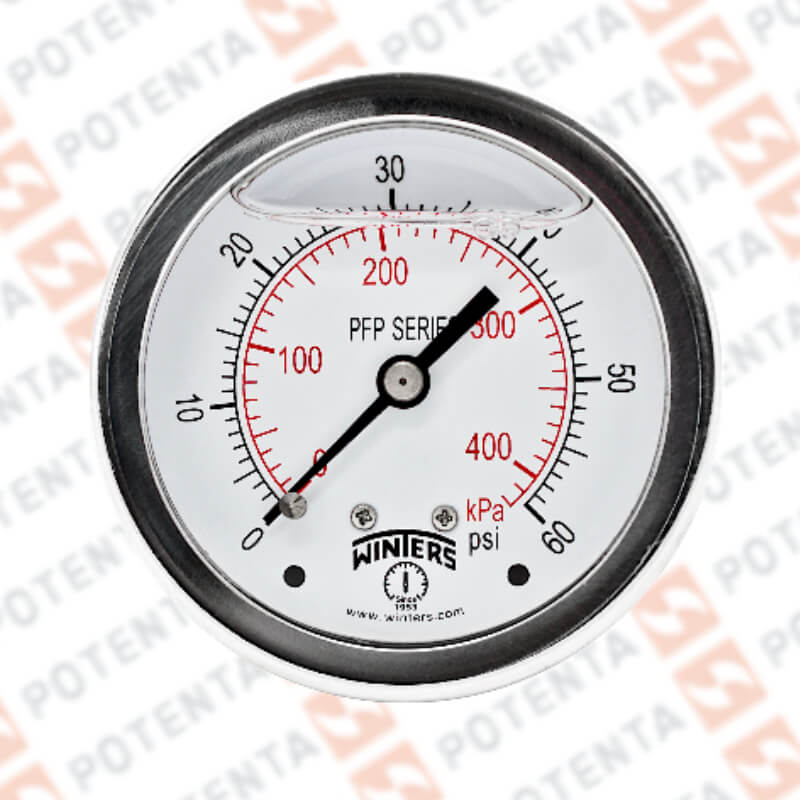 Manómetro Dial 2.5plg, Conexión a proceso 1/4npt post, Rango 0…60Psi/Bar, Exactitud ±1.5%, partes internas y externas de 316ss, Winters - Serie PFP