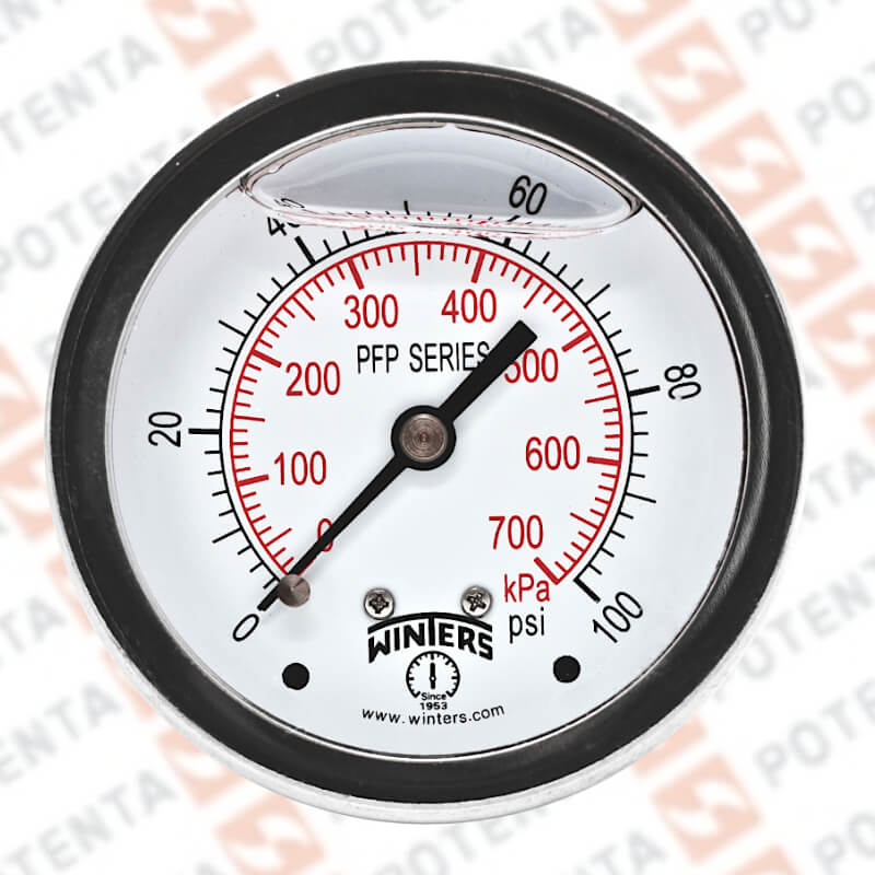 Manómetro Dial 2.5plg, Conexión a proceso 1/4npt post, Rango 0…100Psi/Bar, Exactitud ±1.5%, partes internas y externas de 316ss, Winters - Serie PFP