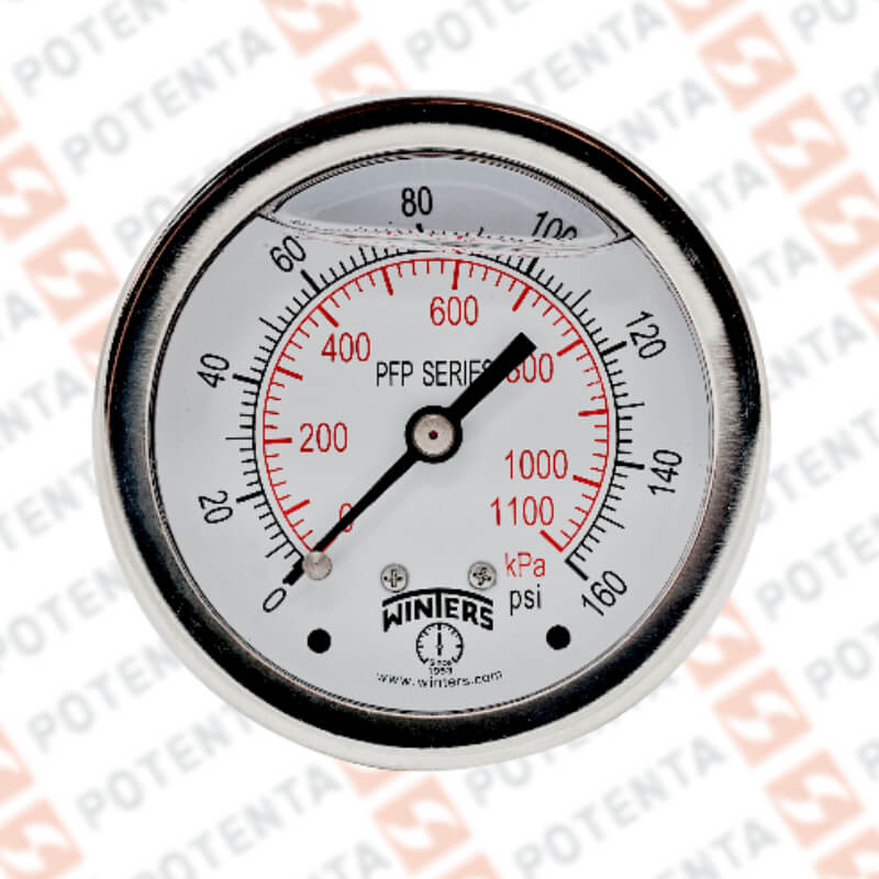 Manómetro Dial 2.5plg, Conexión a proceso 1/4npt post, Rango 0…160Psi/Bar, Exactitud ±1.5%, partes internas y externas de 316ss, Winters - Serie PFP