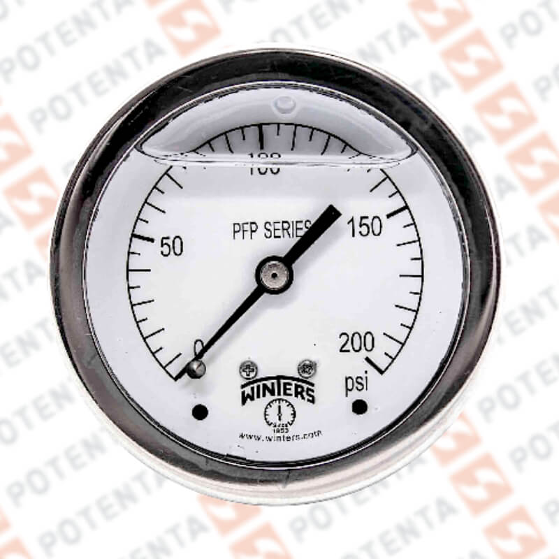 Manómetro Dial 2.5plg, Conexión a proceso 1/4npt post, Rango 0…200Psi/Bar, Exactitud ±1.5%, partes internas y externas de 316ss, Winters - Serie PFP