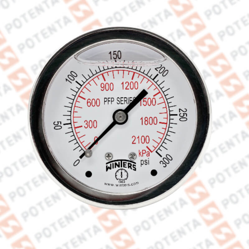 Manómetro Dial 2.5plg, Conexión a proceso 1/4npt post, Rango 0…300Psi/Bar, Exactitud ±1.5%, partes internas y externas de 316ss, Winters - Serie PFP