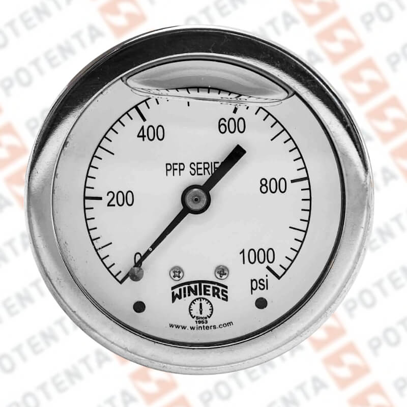 Manómetro Dial 2.5plg, Conexión a proceso 1/4npt post, Rango 0…1000Psi/Bar, Exactitud ±1.5%, partes internas y externas de 316ss, Winters - Serie PFP