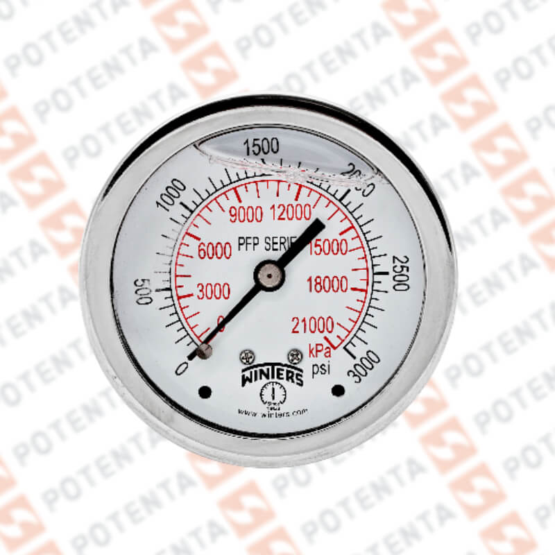 Manómetro Dial 2.5plg, Conexión a proceso 1/4npt post, Rango 0…3000Psi/Bar, Exactitud ±1.5%, partes internas y externas de 316ss, Winters - Serie PFP