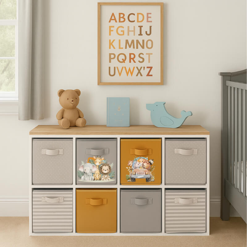 Juguetero X8 + 8 Cajas + Tablero tipo Madera Natural