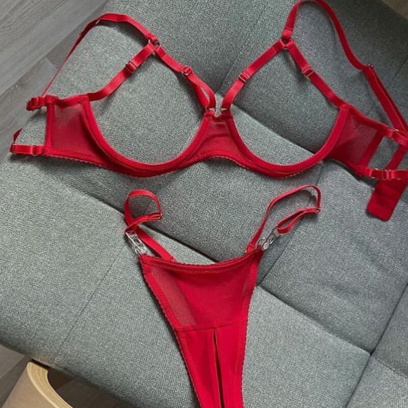 Rubí diseño de lencería de dos piezas con brassier y panty con abertura de tul strech y delicada color rojo