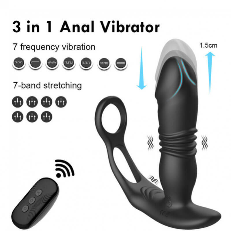 Vibrador Anal prostatico con control remoto y anillo 12 vibraciones y telescopico sube y baja