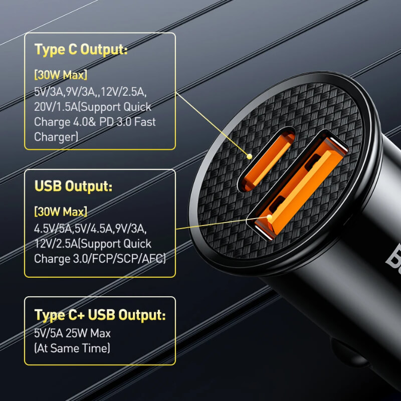 Cargador USB para auto, dispositivo de carga rápida de 30W Tipo C y Tipo A Baseus