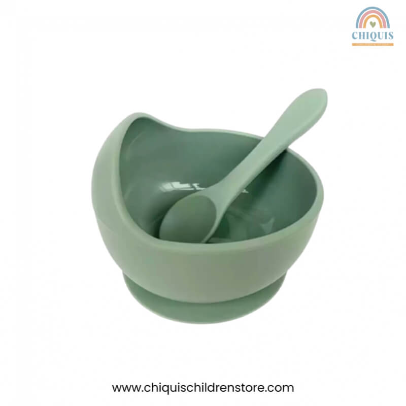 Set de Alimentación de Silicona para Bebé - Tazón Antiderrame y Cuchara, Libre de BPA, Color Verde | Chiquis Children Store