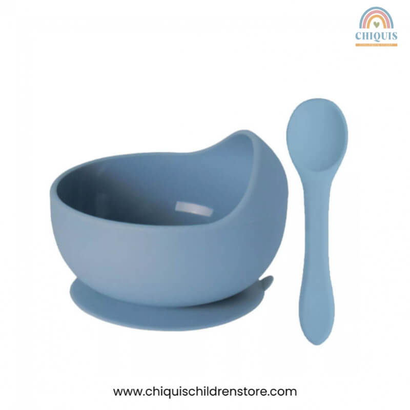 Set de Alimentación de Silicona para Bebé - Tazón Antiderrame y Cuchara, Libre de BPA, Color Azul | Chiquis Children Store