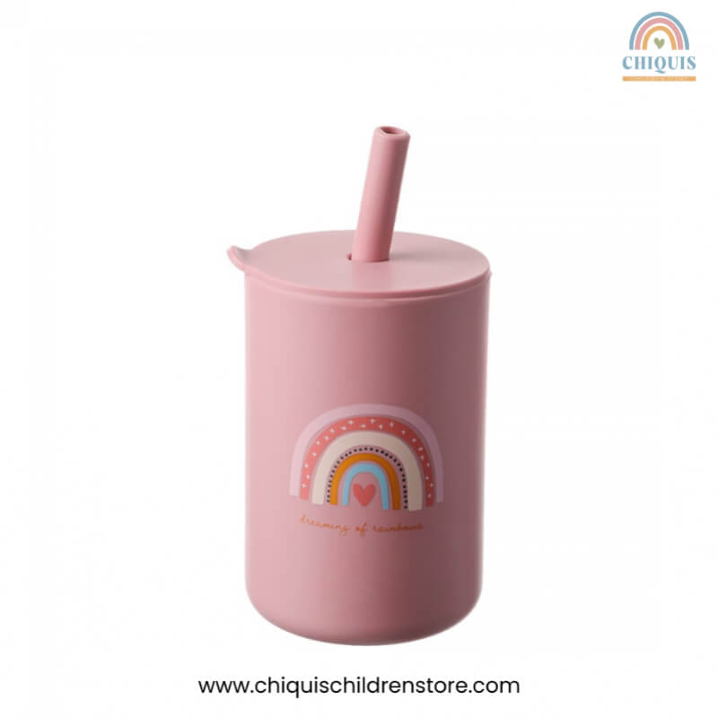 Vaso de Entrenamiento de Silicona Arcoíris Rosado - 6oz, Antiderrame con Tapa y Sorbete, Libre de BPA | Chiquis Children Store