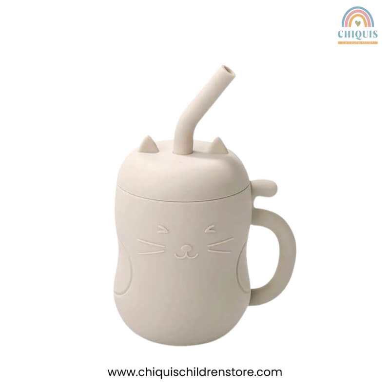 Vaso Antiderrame de Silicona de Gato Caqui Claro - Libre de BPA, Con Tapa y Sorbete, Vaso de Aprendizaje Kawaii | Chiquis Children Store