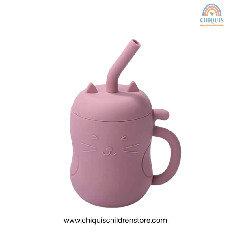 Vaso Antiderrame de Silicona de Gato Rosa Oscuro - Libre de BPA, Con Tapa y Sorbete, Vaso de Aprendizaje Kawaii | Chiquis Children Store