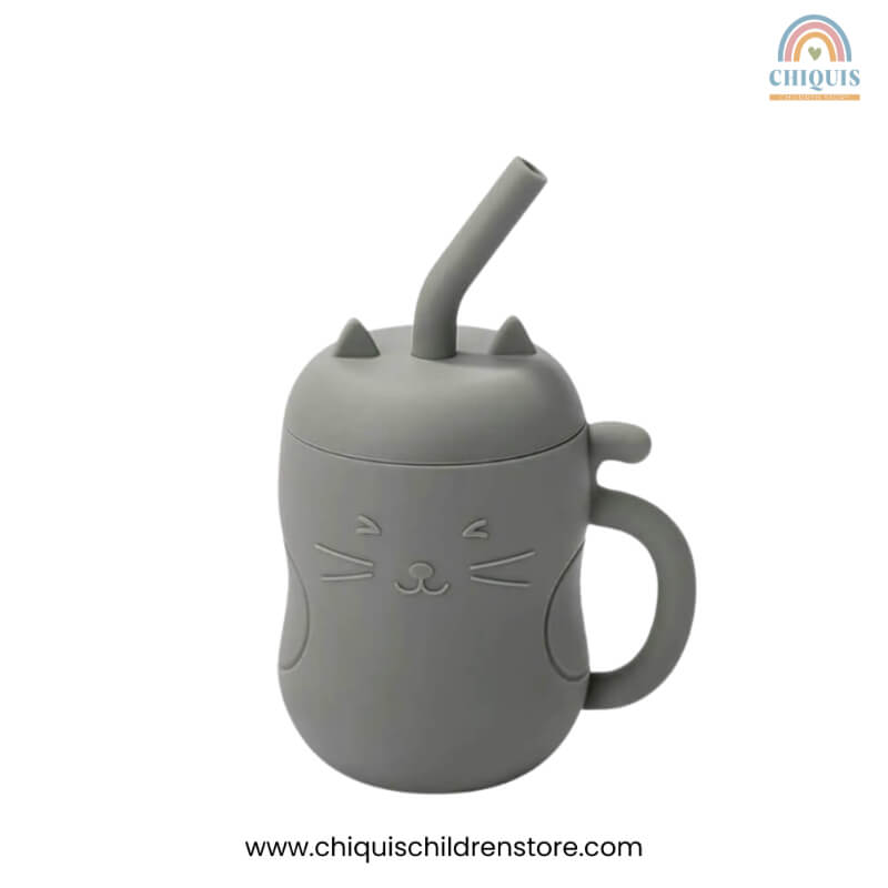 Vaso Antiderrame de Silicona de Gato Gris - Libre de BPA, Con Tapa y Sorbete, Vaso de Aprendizaje Kawaii | Chiquis Children Store