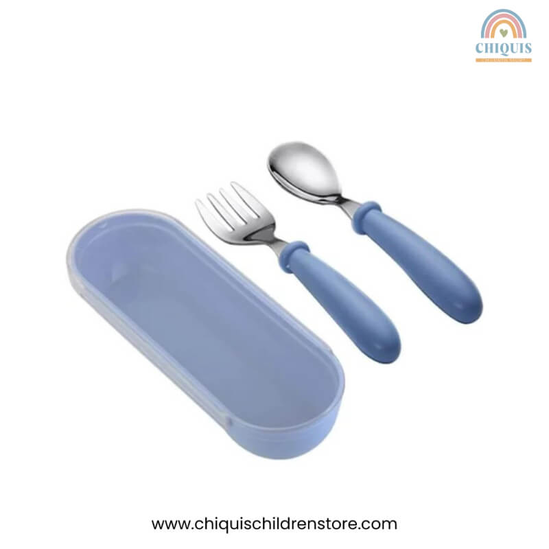 Juego de Tenedor y Cuchara Azul - Utensilios de Acero Inoxidable, Agarre Fácil, Con Caja de Almacenamiento, Libre de BPA | Chiquis Children Store