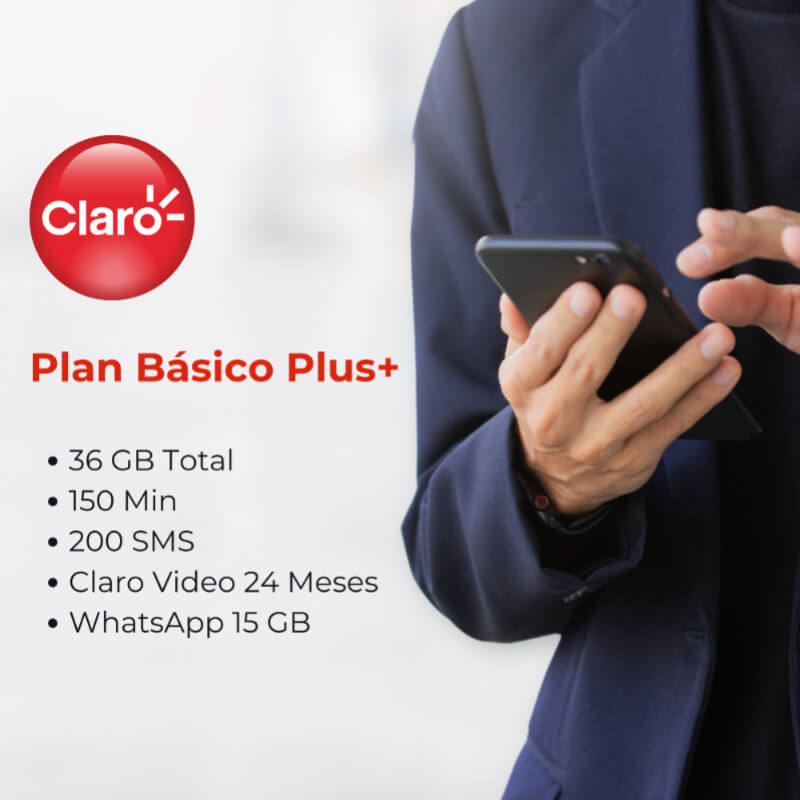 Plan Básico Plus+ | 36 GB Total, 150 Min, 200 SMS, Claro Video 24 Meses, WhatsApp 15 GB