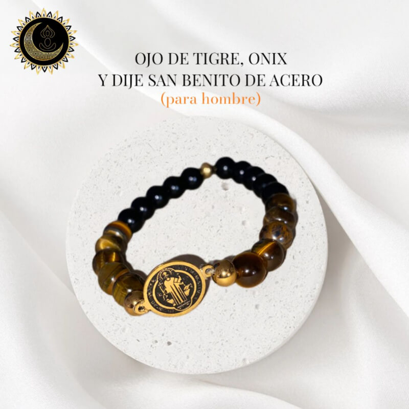 PULSERA OJO DE TIGRE CON ONIX Y DIJE SAN BENITO ACERO ONOXIDABLE PARA HOMBRE