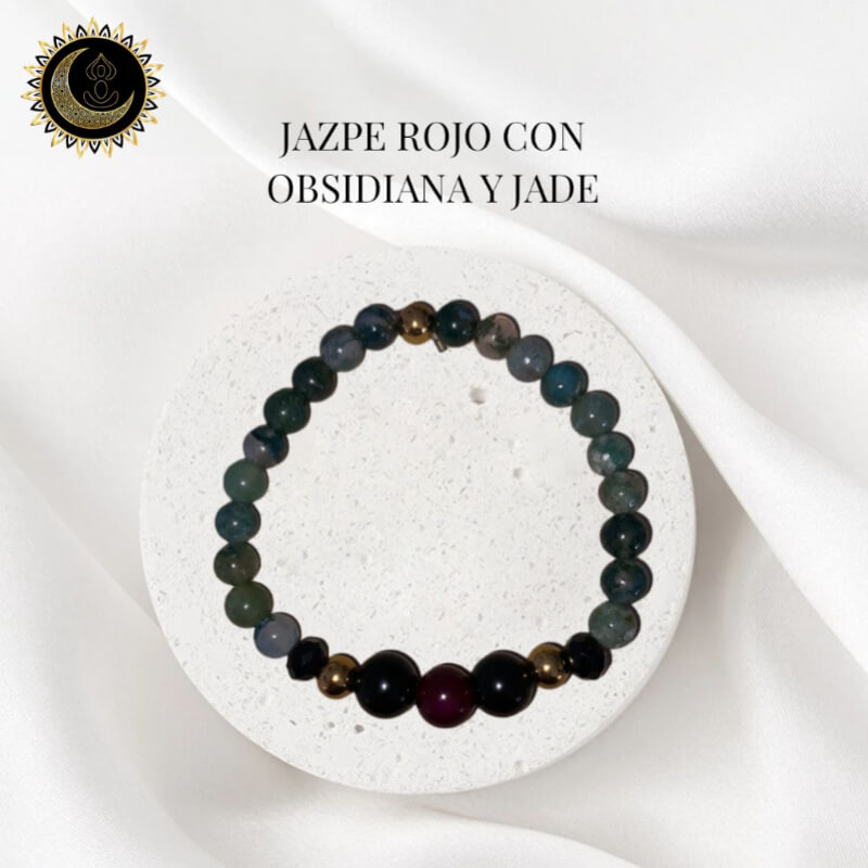 PULSERA JASPE ROJO CON JADE Y OBSIDIANA